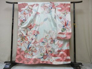 1円 中古 正絹 着物 振袖 縮緬 式典 和装 和服 アンティーク 七宝 桐 花柄 草花 高級 袷 身丈147cm 裄65cm【夢職】★★★