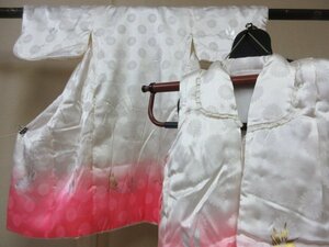 1円 良品 化繊 女児 洗える 七五三 産着 和装 和服 白 ピンク 鶴 刺繍 高級 袷 被布セット 身丈73cm 身巾40cm【夢職】★★