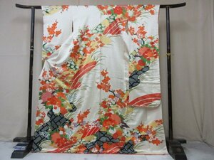 1円 良品 正絹 着物 振袖 縮緬 和装 式典 和服 正装 檜垣 花柄 草花 四季花 おしゃれ 袷 身丈162cm 裄65cm ◆逸品◆【夢職】★★★★