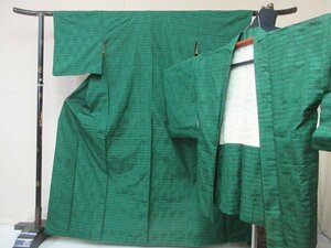 1円 良品 正絹 アンサンブル 着物 紬 和装 式典 和服 女性 緑 縞 霞 羽裏 高級 袷 身丈153cm 裄65cm【夢職】★★★