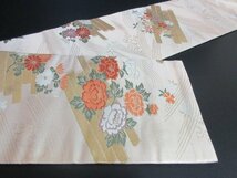 1円 良品 正絹 名古屋帯 引箔 和装 和服 金銀糸 花柄 花筏 波 菊 牡丹 草花 吹き寄せ お太鼓柄 九寸帯 長さ357cm【夢職】★★★_画像9