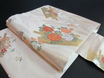 1円 良品 正絹 名古屋帯 引箔 和装 和服 金銀糸 花柄 花筏 波 菊 牡丹 草花 吹き寄せ お太鼓柄 九寸帯 長さ357cm【夢職】★★★_画像1