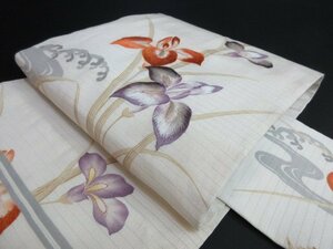 1円 中古 正絹 名古屋帯 和装 和服 絽 夏物 アンティーク 大正ロマン 波 菖蒲 杜若 花柄 お太鼓柄 九寸帯 高級 長さ362cm【夢職】★★★