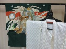 1円 良品 正絹 子供着物 男児用 産着 襦袢セット 七五三 和服 深緑 アンティーク 鷹 松 富士山 カッコいい 袷 身丈95cm【夢職】★★★_画像1