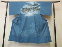 1円 良品 化繊 長襦袢 男性用 和装 和服 富士山 海 風景 家屋 集落 高級 渋カッコいい 袖無双 身丈131cm 裄67cm【夢職】★★★_画像1