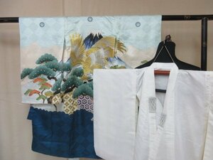 1円 良品 正絹 子供着物 男児用 産着 襦袢セット 七五三 和服 水色 鷹 松 富士山 カッコいい 袷 身丈100cm【夢職】★★★