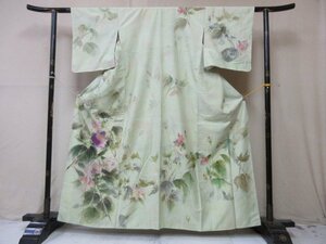 1 jpy superior article silk kimono visit wear pongee type . Japanese clothes water ink picture branch leaf branch flower stylish lovely high class . length 150cm.65cm * excellent article *[ dream job ]****