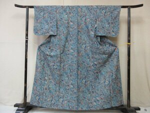 1円 良品 正絹 着物 小紋 縮緬 和装 和服 オリエンタル更紗 花唐草 花喰い鳥 おしゃれ 高級 単衣 身丈149cm 裄63cm【夢職】★★★