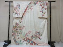 1円 中古 正絹 着物 訪問着 縮緬 式典 和装 和服 アンティーク 白 花柄 四季花 花唐草 草花 かわいい 高級 袷 身丈158cm 裄64cm【夢職】★_画像1