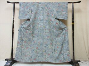 1円 良品 正絹 着物 小紋 縮緬 和装 和服 灰色 貝桶 花柄 四季花 流水 可愛い お洒落 高級 袷 身丈151cm 裄61cm【夢職】★★★