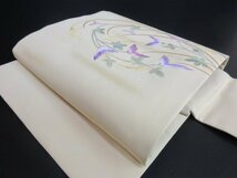 1円 良品 正絹 名古屋帯 和装 和服 塩瀬 花丸 枝葉 菊 草花 お太鼓柄 九寸帯 高級 長さ371cm【夢職】★★★_画像1