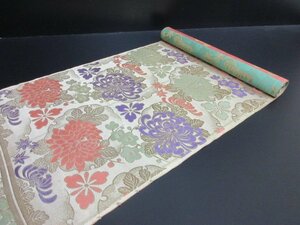 1 иен хорошая вещь натуральный шелк Nagoya obi obi земля ткань японский костюм японская одежда античный круг документ . цветок цветочный принт модный длина 336cm[ сон работа ]***