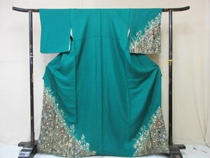 1 jpy superior article silk kimono visit wear .. type . Japanese clothes Japanese clothes green gold paint dyeing dividing four season flower floral print high class . length 154cm.66cm * excellent article *[ dream job ]****