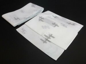 1円 良品 化繊 作り帯 軽装帯 簡易着物 付帯 白 絽 夏物 絣文様 井桁 流水 和服 和装 かわいい お洒落【夢職】★★