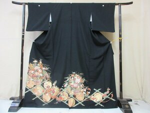 1 иен хорошая вещь натуральный шелк кимоно tomesode .. тип . японский костюм соотношение крыло есть золотая краска золотой .. потолок . документ снег колесо Hanamaru высококлассный . длина 158cm.68cm[ сон работа ]***