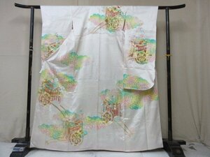 1 jpy superior article silk kimono long-sleeved kimono .. type . Japanese clothes Japanese clothes gold piece embroidery . place car .. leaf floral print high class . length 156cm.68cm * excellent article *[ dream job ]****