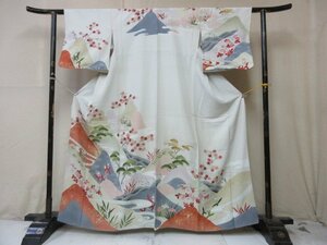 1 иен б/у натуральный шелк кимоно выходной костюм .. тип . японский костюм японская одежда античный Taisho роман . гора пейзаж . дерево лес . высококлассный . длина 153cm.66cm[ сон работа ]***