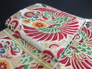 1 иен хорошая вещь натуральный шелк maru obi японский костюм японская одежда античный Taisho роман журавль .... цветок .. птица классика документ sama все через рисунок длина 396cm[ сон работа ]***