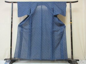 1円 良品 正絹 着物 小紋 紗 夏物 和装 和服 紺 アンティーク 絣文様 幾何学 抽象 高級 単衣 身丈145cm 裄63cm【夢職】★★★