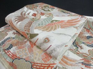 1 иен хорошая вещь натуральный шелк maru obi японский костюм японская одежда античный Taisho роман феникс дракон веер .. расческа классика документ sama все через рисунок длина 396cm[ сон работа ]***