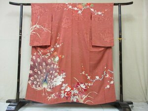 1 иен хорошая вещь натуральный шелк кимоно выходной костюм ..... шелк тип . японский костюм античный Taisho роман ветка лист .. птица . длина 146cm.63cm * замечательная вещь *[ сон работа ]***