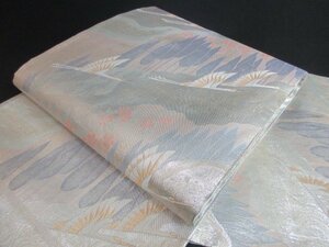 1 jpy superior article silk double-woven obi .. Japanese clothes Japanese clothes west . woven silver thread gold thread forest .. tree crane road length . taking six through pattern length 442cm * excellent article *[ dream job ]****