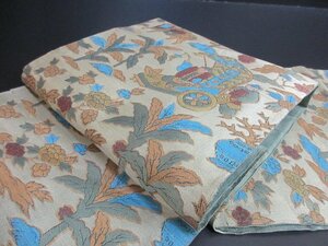 1 jpy superior article silk double-woven obi Japanese clothes Japanese clothes .. antique China scenery person . flower the 7 treasures stylish six through pattern length 416cm[ dream job ]***