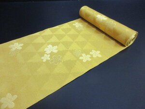 1円 良品 化繊 名古屋帯 帯地 反物 和装 和服 鱗 桜吹雪 黄色 おしゃれ 長さ372cm【夢職】★★★