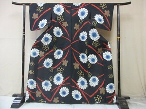 1円 良品 木綿 綿 浴衣 祭り 花火 和装 和服 アンティーク 紺 菊 桜 かわいい 夏 お洒落 身丈157cm 裄66cm【夢職】★★★