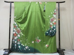 1 jpy used silk kimono long-sleeved kimono .. type . Japanese clothes Japanese clothes green branch shide . Sakura dyeing dividing gradation high class . length 153cm.66cm[ dream job ]***