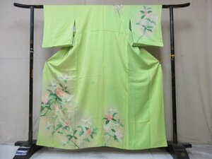 1円 良品 正絹 着物 訪問着 縮緬 式典 和装 和服 緑 枝葉 枝花 グラデーション 草花 高級 袷 身丈147cm 裄63cm【夢職】★★★