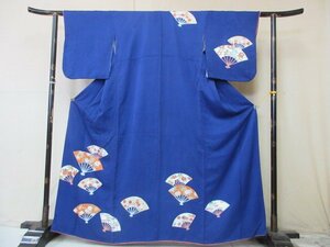 1 иен хорошая вещь натуральный шелк кимоно выходной костюм .. тип . японский костюм японская одежда синий веер веер .. высококлассный . длина 151cm.68cm[ сон работа ]***