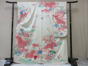 1円 中古 正絹 着物 振袖 縮緬 式典 和装 和服 アンティーク 桐 草花 花柄 草花 高級 袷 身丈157cm 裄65cm【夢職】★★★