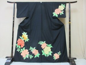 1円 良品 化繊 着物 訪問着 和装 和服 式典 黒 牡丹 花柄 草花 おしゃれ 高級 胴抜き 身丈158cm 裄66cm【夢職】★★★