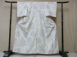 1 иен хорошая вещь натуральный шелк кимоно эпонж подлинный хлопок .. японский костюм японская одежда смешанный ассортимент магазин белый Hanamaru цветочный принт . цветок модный высококлассный . длина 150cm.58cm[ сон работа ]***