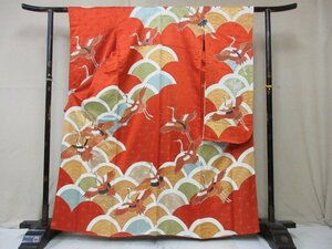 1 jpy superior article silk kimono long-sleeved kimono .. Japanese clothes type . Japanese clothes regular equipment blue sea wave . crane thousand feather crane . length 152cm.64cm * excellent article *[ dream job ]****