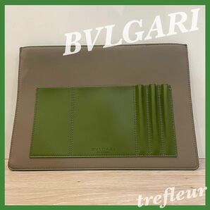 【used】 ブルガリ BVLGARI クラッチバッグ ポーチ レザー グレー グリーン