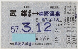 国鉄バス　通勤定期　青地紋　１箇月　武雄温泉←→嬉野温泉　区間指定式　○自 武雄温泉駅発行　S57