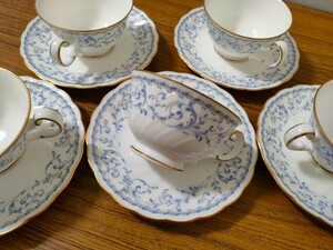 レトロ Noritake Bone China カップ＆ソーサー 5客 / 9976 NINFA LAGUNA / 金彩 ブルー柄 ノリタケ JAPAN 茶器 ボーンチャイナ 洋食器　