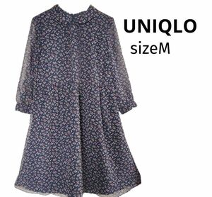 UNIQLO◆ユニクロ◆花柄シフォンワンピース◆シアースリーブ◆M◆7分袖◆膝丈◆春◆長袖◆ネイビー◆紺◆可愛い◆小花柄◆