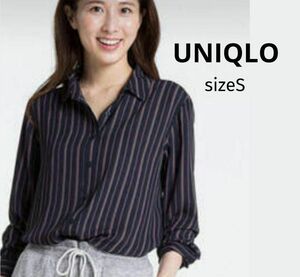 UNIQLO◆ユニクロ◆エアリーストライププリントブラウス◆ネイビー◆紺◆長袖◆S◆薄手◆オフィス◆仕事◆ビジネス◆シャツ