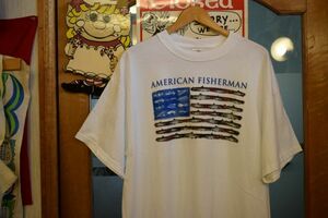 グッドプリント00sビンテージDELTAデルタボディAMERICAN FISHERMANプリントTシャツXL白オールコットン星条旗アメリカ魚フィッシュh23768