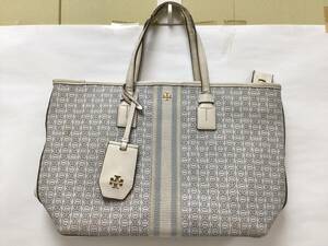 3975■　TORY BURCH トリーバーチ ハンド トート バッグ 水色 白 キャンバス ※写真をご確認ください。