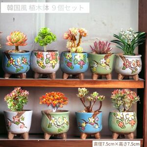 【韓国風】 花柄 植木鉢 ９個セット　ミニポット　プランター　陶器鉢　白　緑　青