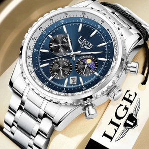 【silver blue】メンズ高品質腕時計 2024 海外人気ブランド LIGEクロノグラフ 防水 クォーツ式 スポーツ腕時計 ステンレスバンド 