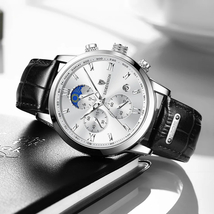 【silver white】メンズ高品質腕時計 海外人気ブランド Lige クロノグラフ 防水 クォーツ式 レザーバンド_画像2