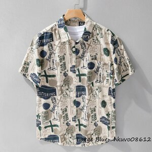 アロハシャツ メンズ 半袖シャツ コットンシャツ 総柄シャツ カジュアルシャツ ワイシャツ Tシャツ 心地良し お洒落 個性 ブルー 2XL