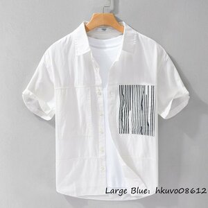 夏新品 メンズシャツ 半袖シャツ 切替 ビジネス ストライプ柄 カジュアルシャツ メンズ サマーシャツ 清涼感 薄手 心地良し ホワイト XL