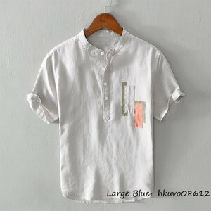 新品 半袖シャツ メンズ Tシャツ 綿麻シャツ 立ち襟 リネンシャツ 通気性 清涼感 ワイシャツ 夏 サマーシャツ 個性 お洒落 グレー L