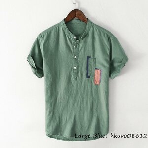 新品 半袖シャツ メンズ Tシャツ 綿麻シャツ 立ち襟 リネンシャツ 通気性 清涼感 ワイシャツ 夏 サマーシャツ 個性 お洒落 グリーン L